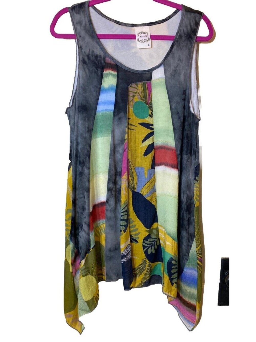 Artsy Floral Fairycore Swing Art To Wear Resort Boho Hi-Lo Hem Lined Dress Large